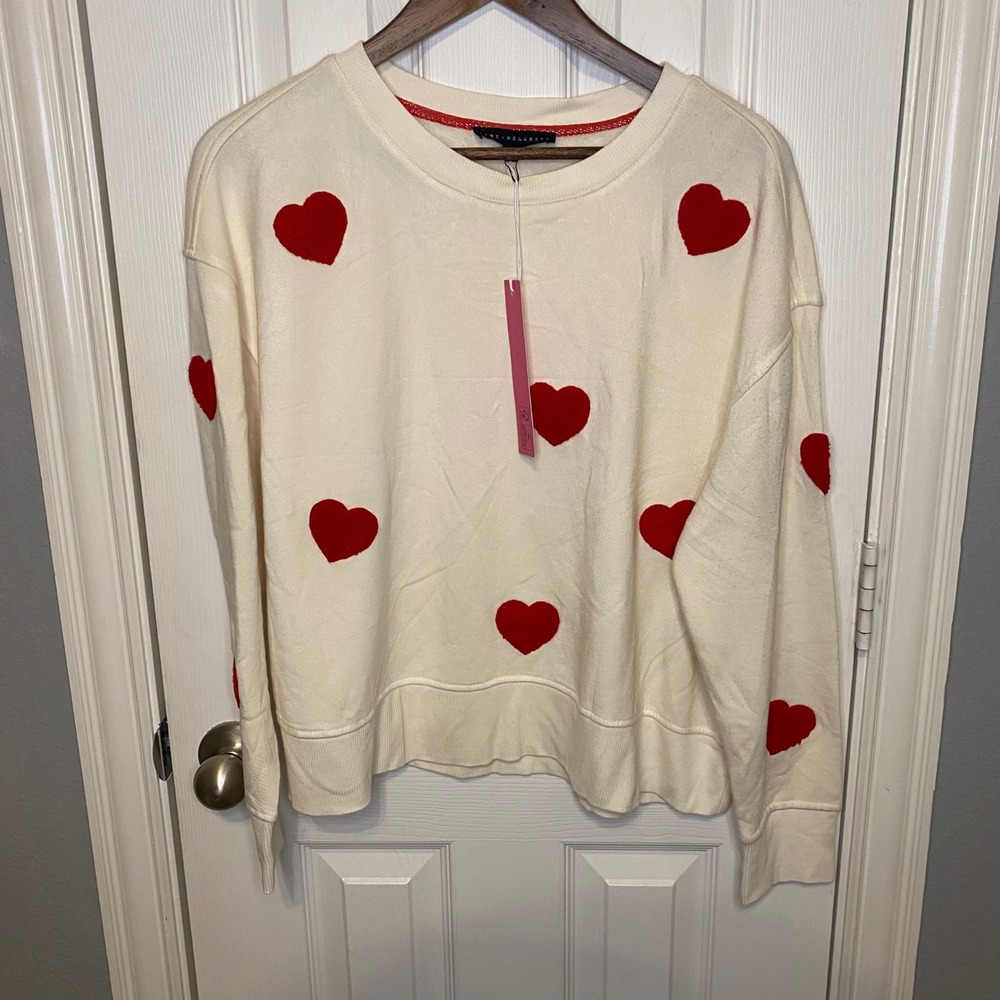 Jane + Delancey Crewneck‎ Sweatshirt NWT Womens Large White Red Heart Print